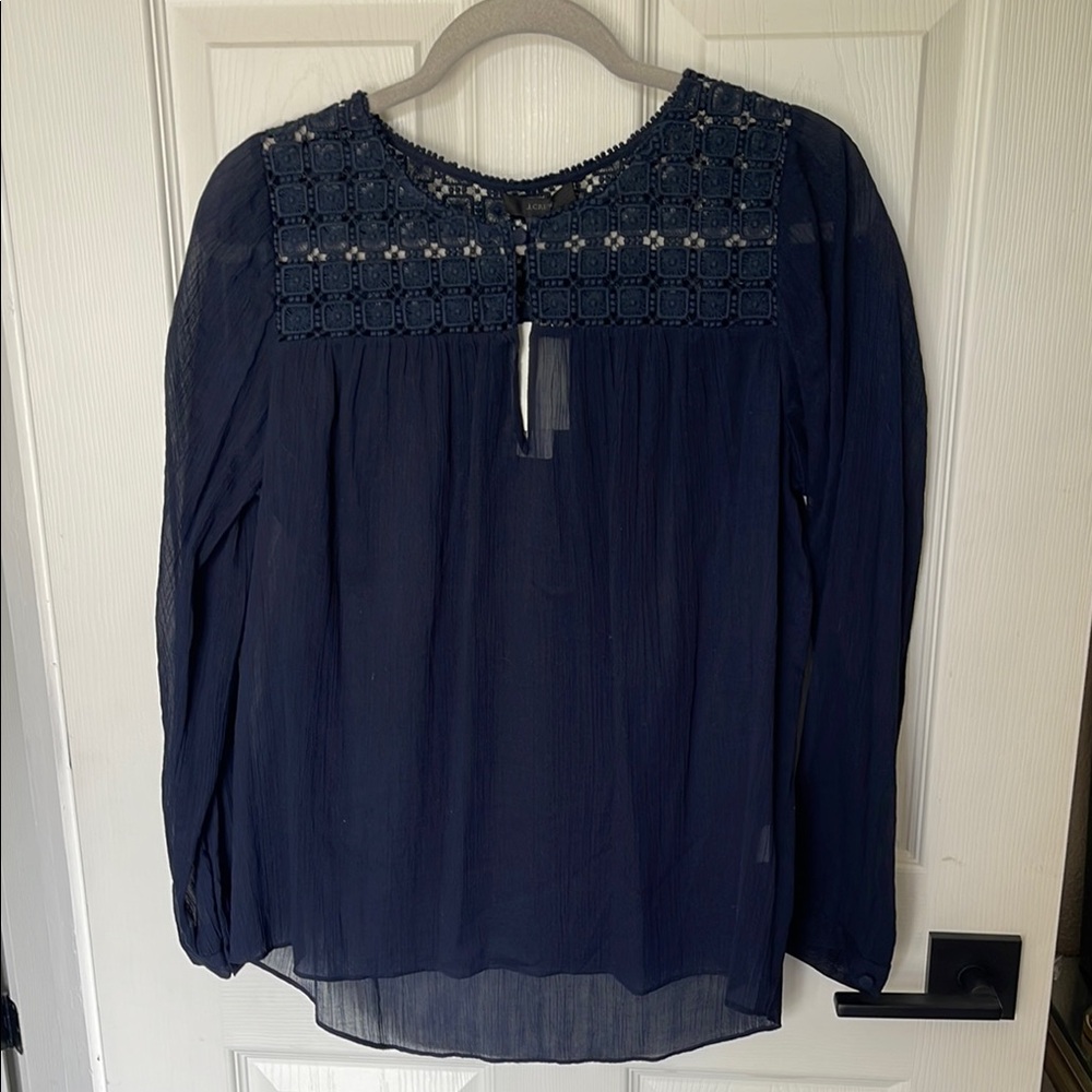 J. Crew Sheer Navy Blue Summer Long Sleeve Lace Blouse